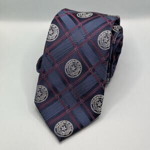 TEXAS Privado Navy Red Plaid Lone Star Seal Medallion Silk Tie 59x3.25 Texan